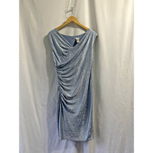 Cache Metallic 14 Cocktail Dress Ruched Blue Silver Party NYE Holiday Cocktail